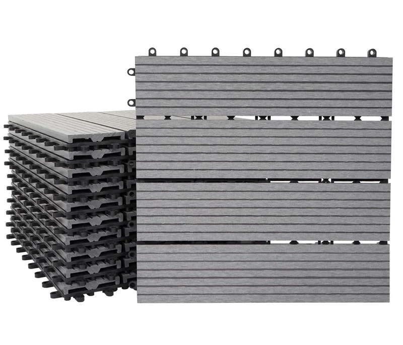 Set de 11 dalles de terrasse aspect bois WPC pour balcon jardin terrasse 30x30cm 1m² base gris linéaire 04_0005435