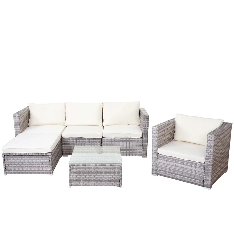 Salon de jardin en polyrotin pour jardin terrasse balcon avec fauteuils canapé table gris coussin crème 04_0004179