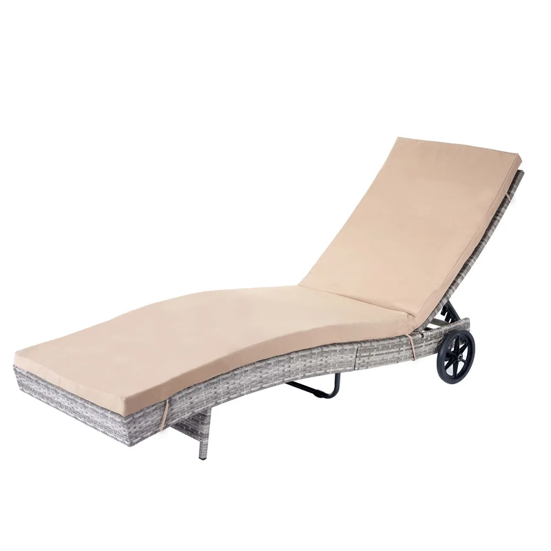 Chaise longue de jardin transat bain de soleil en polyrotin gris coussin beige 04_0004935