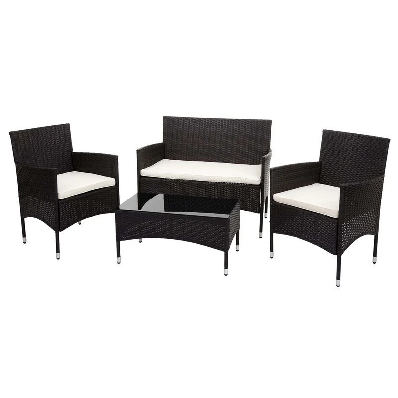 Salon de jardin balcon jardin en polyrotin marron canapé fauteuils table coussin crème 04_0004199