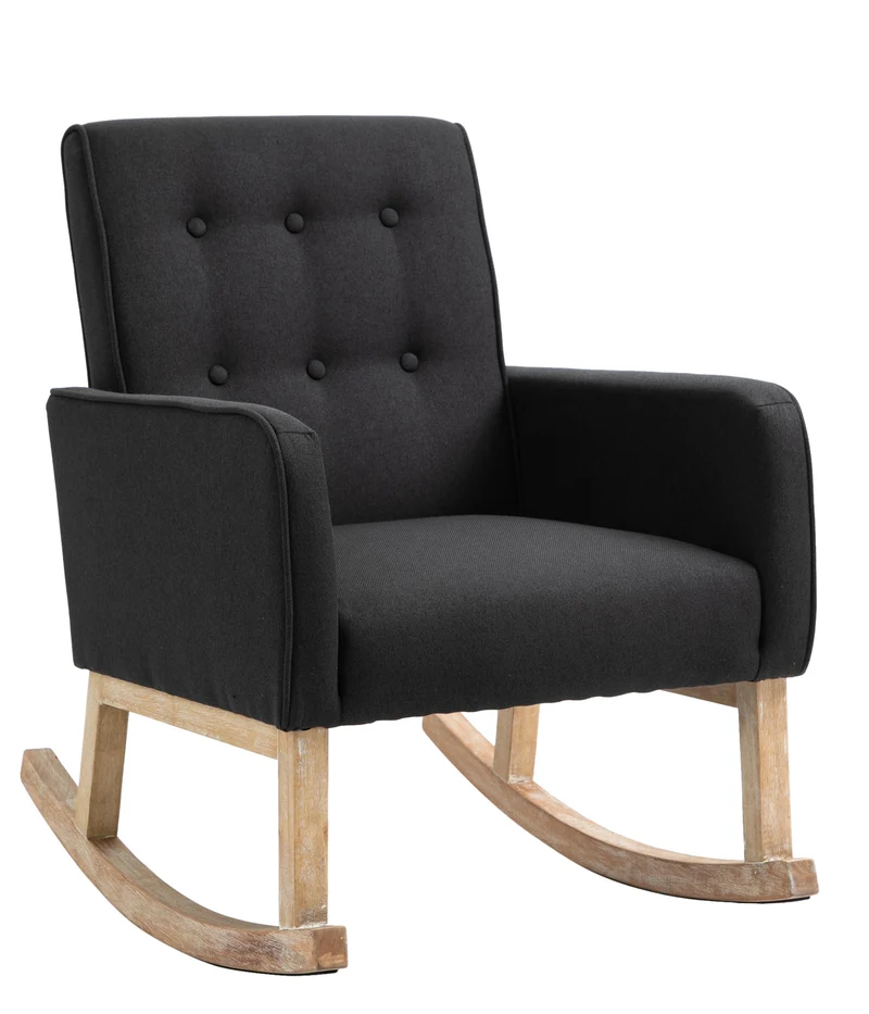Fauteuil à bascule rocking chair design moderne dossier capitonné en tissu pieds en bois tissu noir FAL101541