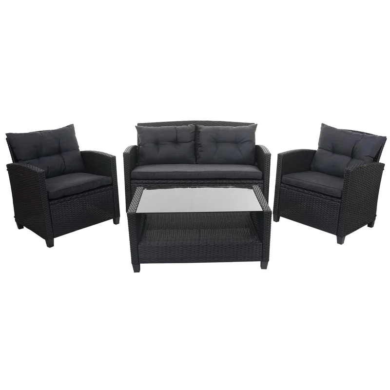 Salon de jardin en polyrotin terasse balcon canapé fauteuils coussins et table basse anthracite 04_0005632