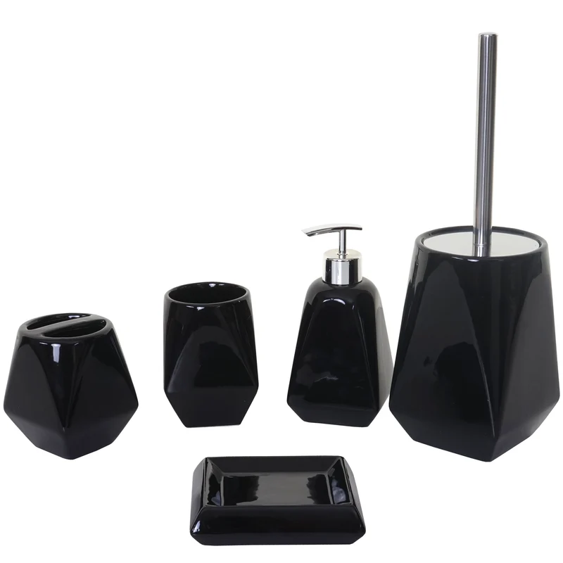 Ensemble d'accessoires de salle de bain 5 pièces porte-brosse WC porte-brosse à dents en céramique noir 04_0003022