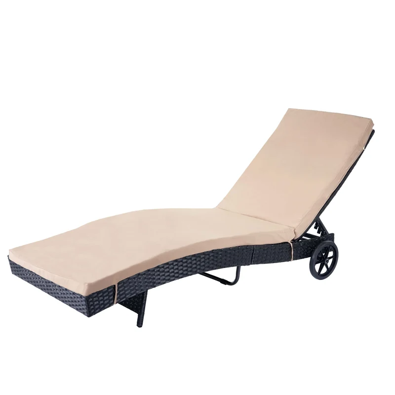 Chaise longue transat bain de soleil pour jardin terrasse en poly-rotin anthracite coussin beige 04_0004934