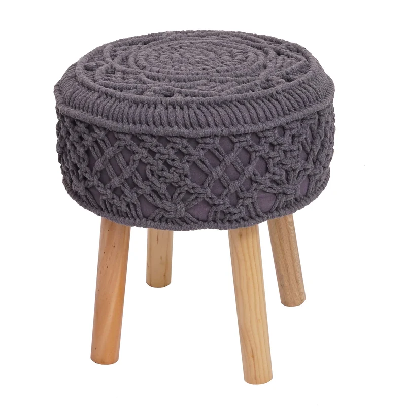 Tabouret repose-pieds siège forme ronde tricoté, 45x41cm tricot tissu gris foncé 04_0005317