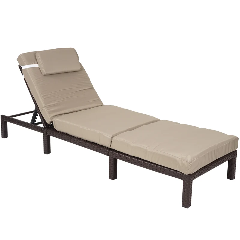 Chaise longue relax bain de soleil pour jardin extérieur terrasse en poly-rotin marron coussin crème 04_0004235
