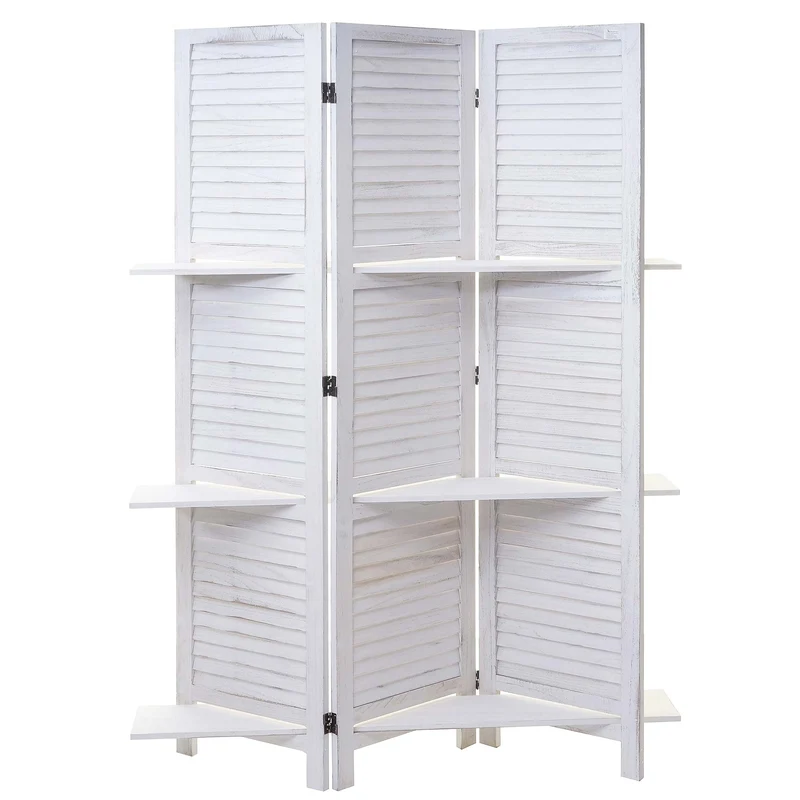 Paravent cloison de séparation 3 panneaux avec étagères 170x125cm aspect shabby en bois blanc 04_0003952