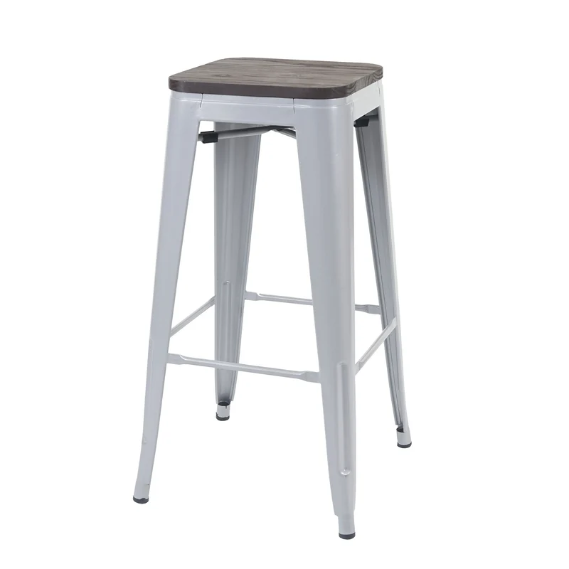 Tabouret de bar chaise de comptoir siège en bois avec repose-pieds design industriel empilable en métal gris 04_0005242