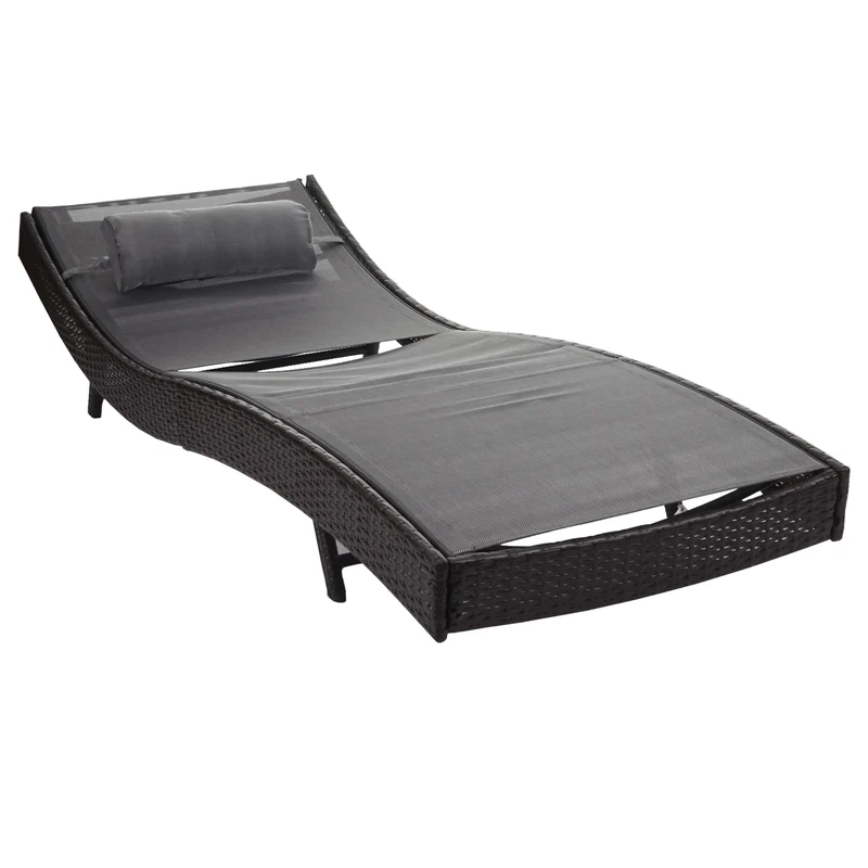 Chaise longue transat bain de soleil pour jardin poly-rotin marron housse gris 04_0004809