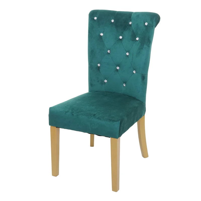 Chaise à manger cuisine en velours vert foncé avec décoration bouton cristal pieds bois clairs 04_0002214
