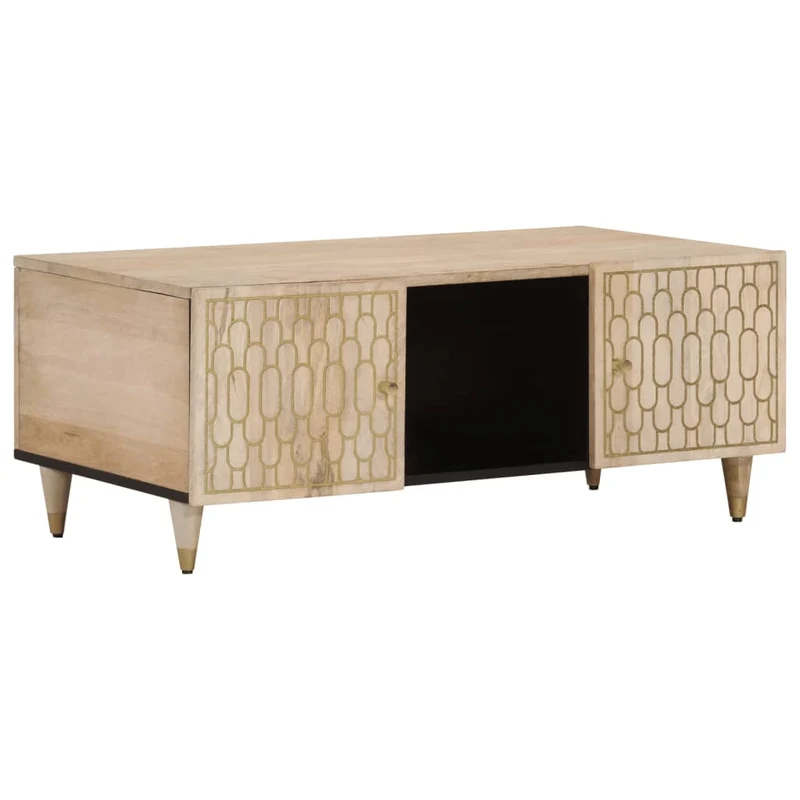 Table basse de salon design rustique 100 x 54 x 40 cm bois de manguier avec motifs sculptés DEC036945