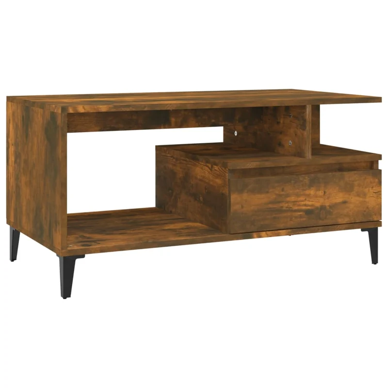 Table basse avec tiroir et étagère design rustique 90 x 49 x 45 cm bois d'ingénierie marron et métal DEC038513