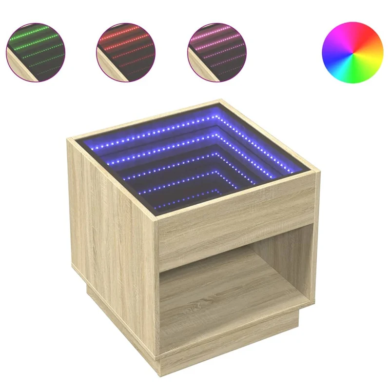 Table basse de salon design moderne avec LED 50 x 50 x 50 cm bois d'ingénierie couleur chêne et verre DEC037482