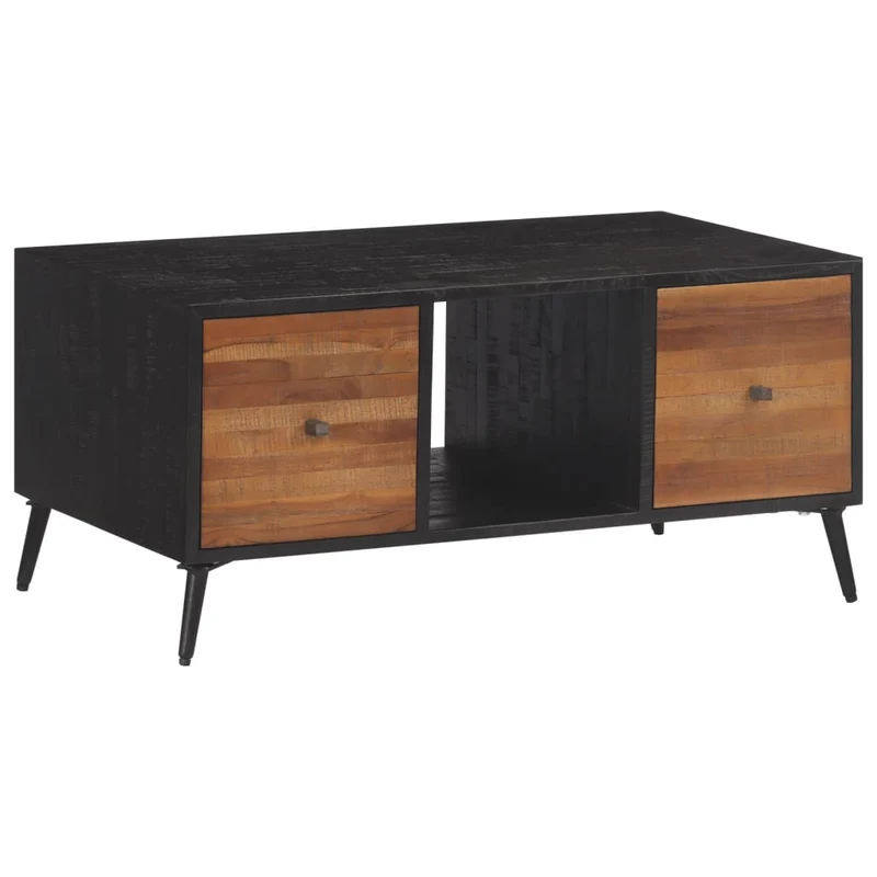 Table basse de salon avec tiroirs design moderne 90 x 50 x 41 cm teck de récupération massif marron noir et fer DEC037242