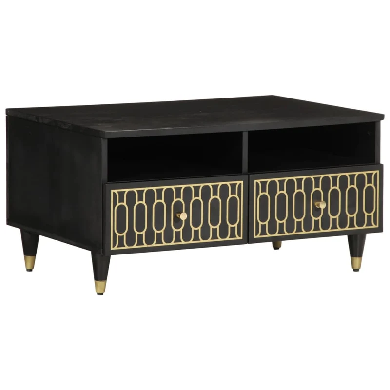 Table basse de salon avec tiroirs design moderne 80 x 54 x 40 cm bois de manguier massif noir et fer DEC037177
