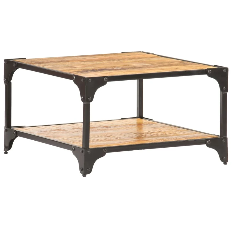 Table basse de salon avec étagère design industriel 60 x 60 x 35 cm bois de manguier massif et fer DEC037104