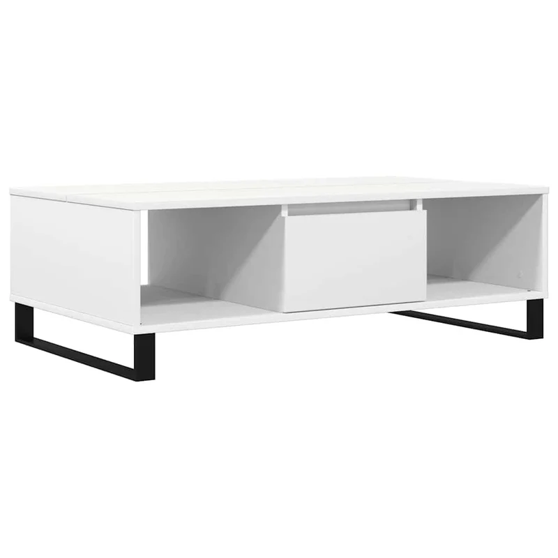 Table basse de salon 3 compartiments design moderne 104 x 60 x 35 cm bois d'ingénierie blanc et fer DEC037840