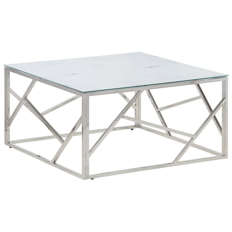 Table basse de salon design moderne en acier inoxydable argenté et verre trempé DEC037295