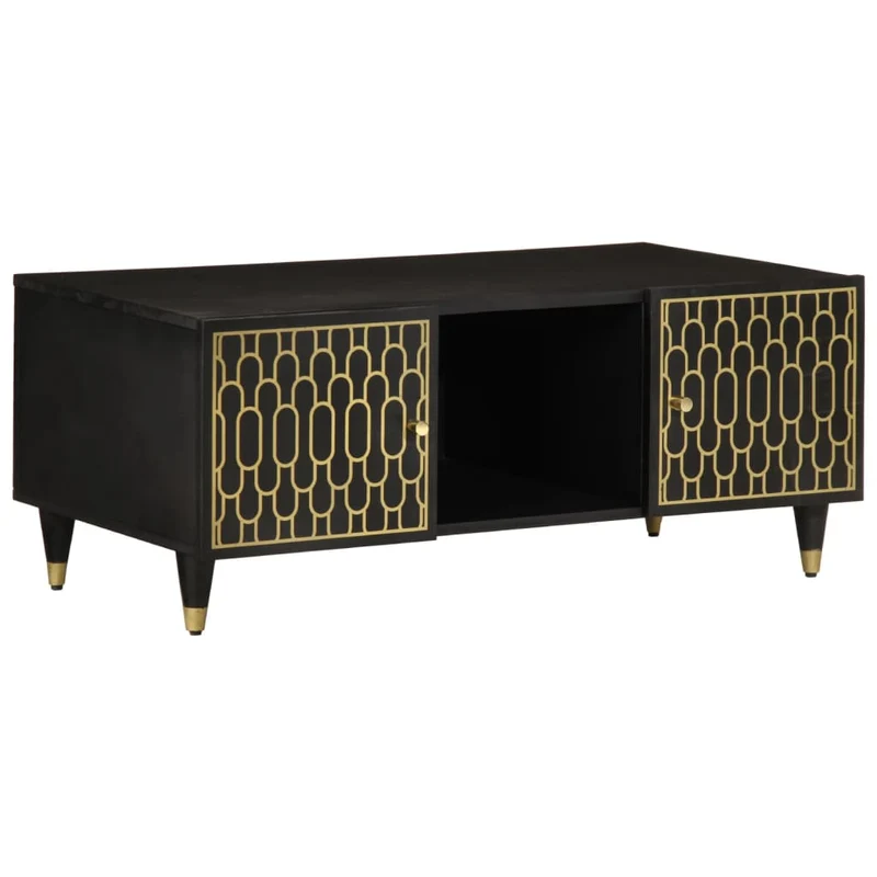 Table basse de salon avec motif sculpté à la main design tropical 100 x 54 x 40 cm bois de manguier massif noir et fer DEC036944