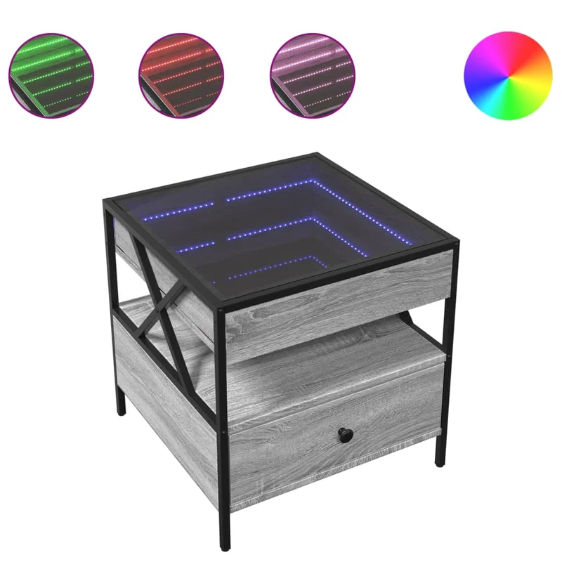 Table basse de salon avec tiroir et étagère design moderne avec LED 50 x 50 x 51 cm bois d'ingénierie gris verre et métal DEC037573