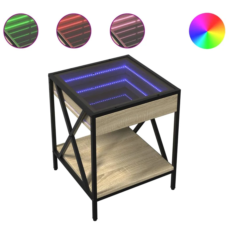 Table basse de salon design moderne avec LED 40 x 40 x 49 cm bois d'ingénierie verre et métal DEC037559