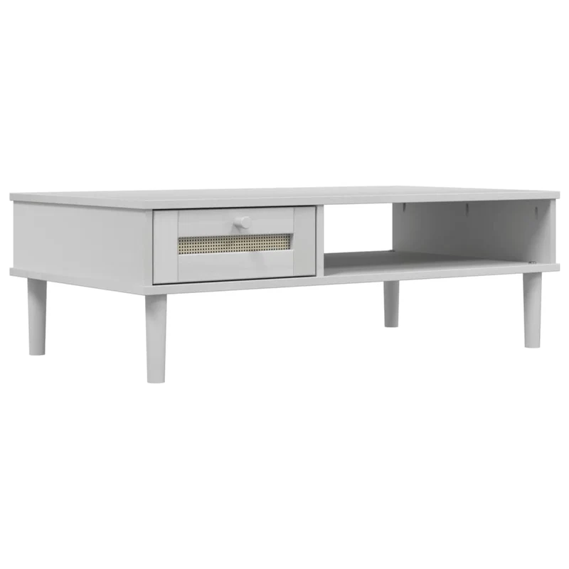 Table basse avec tiroir design moderne et contemporaine aspect rotin 100 x 55 x 33 cm bois massif blanc DEC039921
