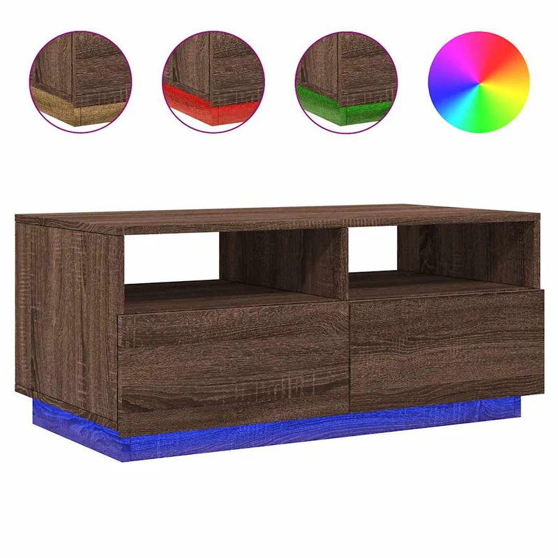 Table basse de salon design moderne avec lumières LED 90 x 49 x 40 cm bois d'ingénierie marron DEC037637