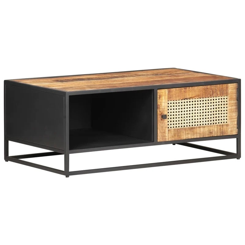 Table basse de salon design industriel rustique 90 x 50 x 35cm bois de manguier brut et canne naturelle marron DEC037229