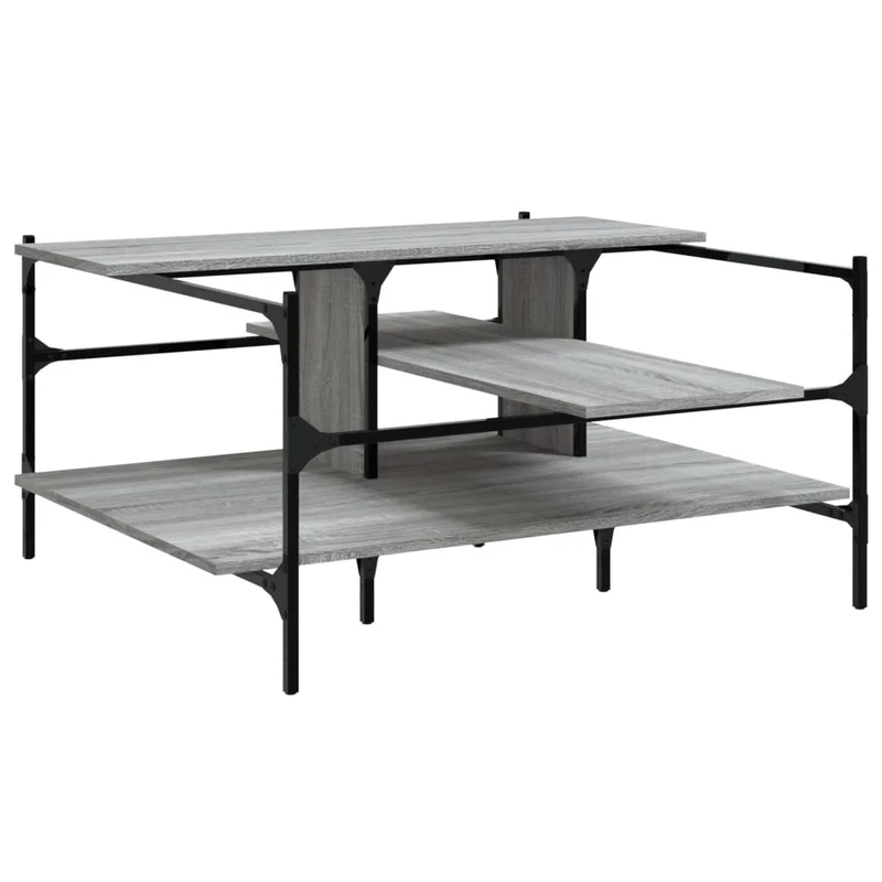 Table basse avec étagères design industriel 100 x 100 x 48,5 cm bois d'ingénierie gris et acier DEC039928