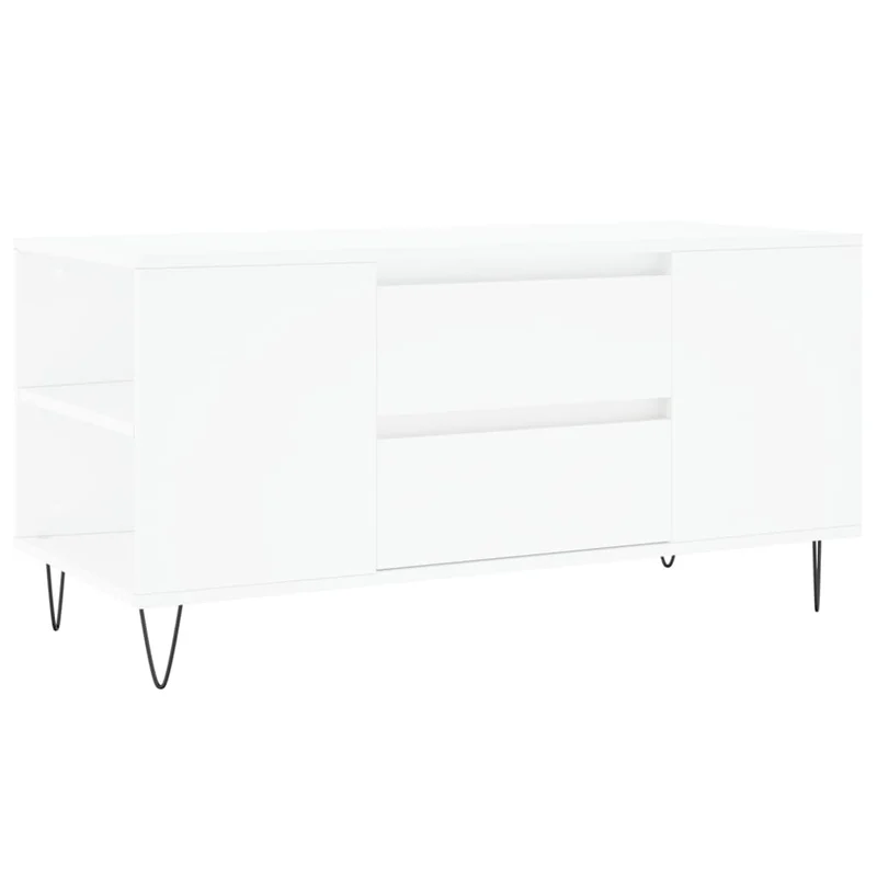 Table basse de salon avec 2 tiroirs et de 4 compartiments design moderne 102 x 44,5 x 50 cm bois d'ingénierie blanc et métal DEC037804