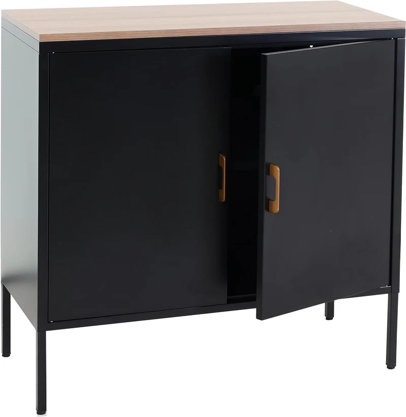 Commode meuble de rangement bureau buffet 2 portes métal 90x90x40cm mélaminé noir plateau MDF 2 compartiments avec portes MED04083