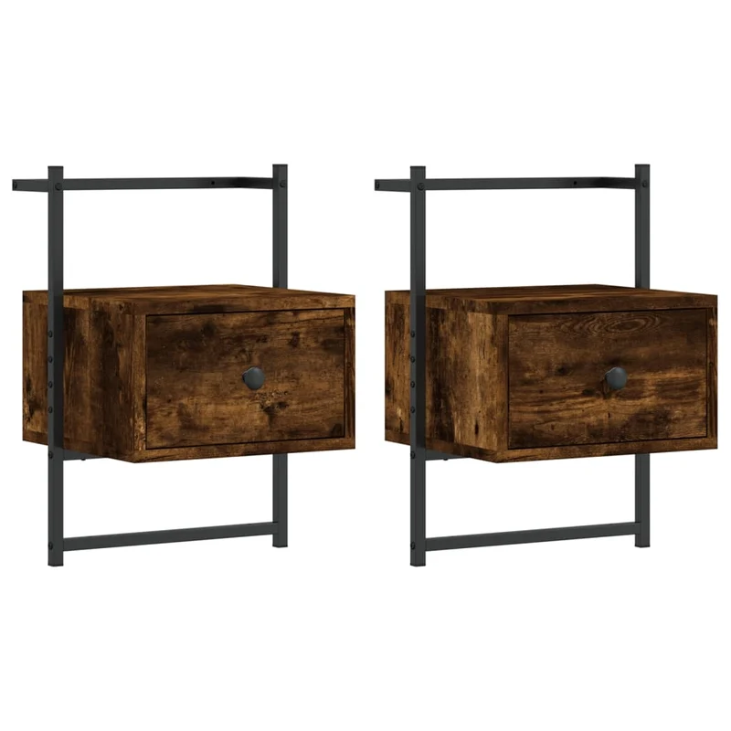 Lot de 2 tables de chevet murale avec tiroir 35 x 30 x 51 cm bois d'ingénierie marron et métal DEC034152