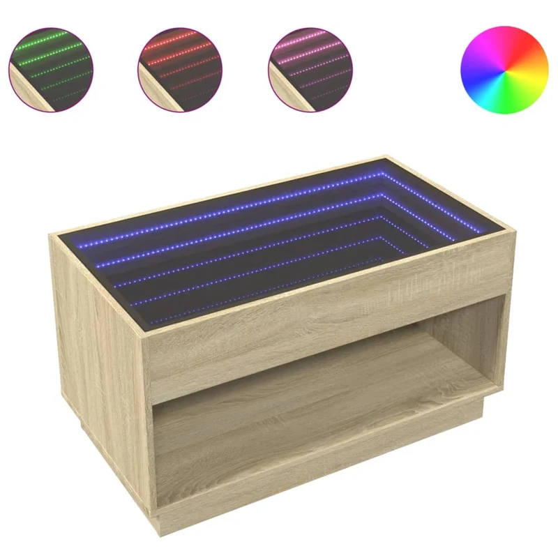 Table basse de salon design moderne avec LED 90 x 50 x 50 cm bois d'ingénierie couleur chêne et verre DEC037492