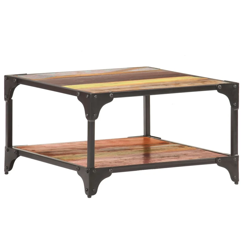 Table basse de salon design industriel 60 x 60 x 35 cm bois de récupération massif multicolore et fer DEC037105