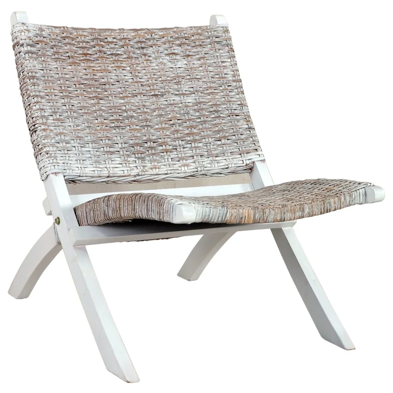 Chaise basse relax siège d'appoint décoratif en rotin kubu naturel et acajou massif blanc FAL02003