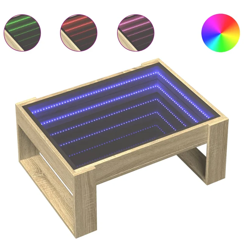 Table basse de salon design moderne avec LED 70 x 53 x 30 cm bois d'ingénierie couleur chêne et verre DEC037488