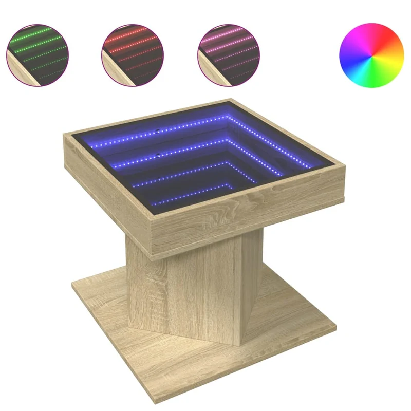 Table basse de salon design moderne avec LED 50 x 50 x 45 cm bois d'ingénierie couleur chêne et verre DEC037414