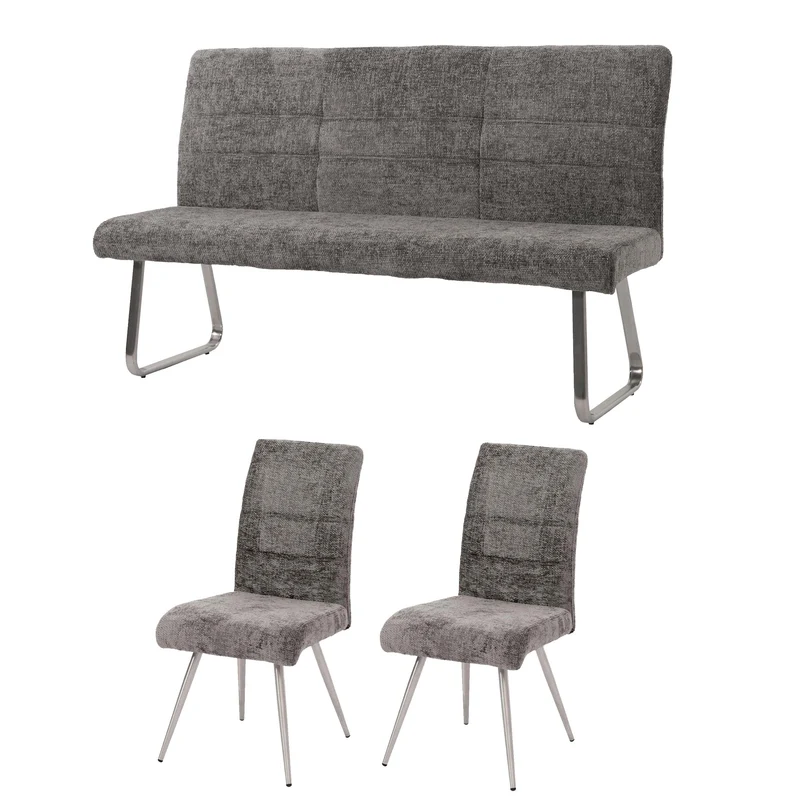 Lot de 2 chaises de salle à manger + banc 160 cm inox brossé en tissu chenille gris foncé 04_0008278