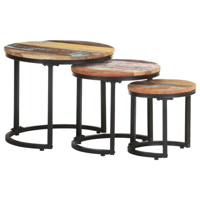 Lot de 3 tables d'appoint en bois de récupération massif multicolore DEC032661