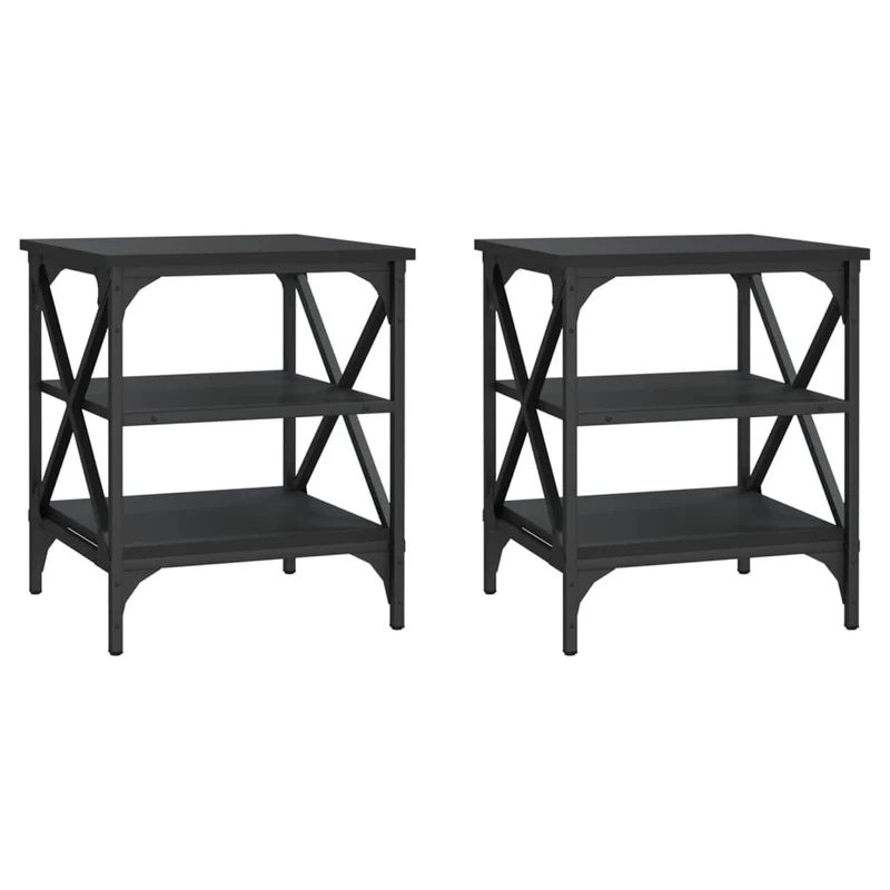 Lot de 2 tables d'appoint avec étagères 40 x 42 x 50 cm en bois d’ingénierie noir et acier DEC032641