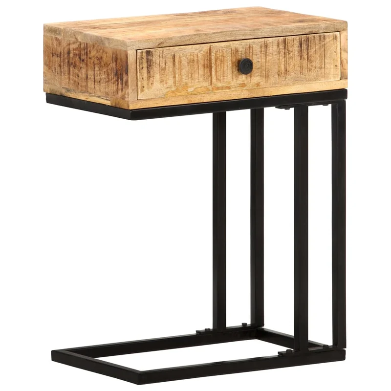 Table d'appoint bout de canapé avec tiroir en forme de U 45 x 30 x 61cm bois de manguier et acier DEC032433