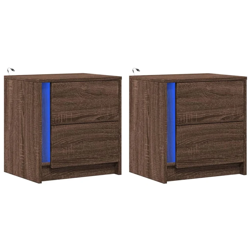 Lot de 2 tables de chevet avec tiroirs et LED 43 x 34 x 45 cm en bois d'ingénierie marron DEC032847