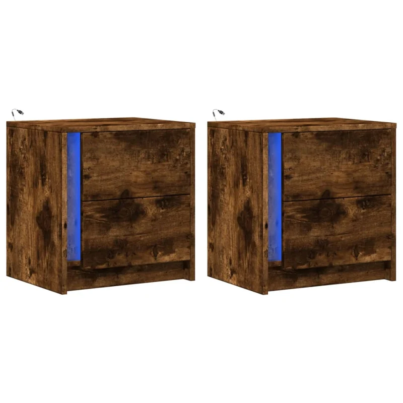 Lot de 2 tables de chevets avec tiroirs et LED 43 x 34 x 45 cm en bois d'ingénierie marron DEC032841