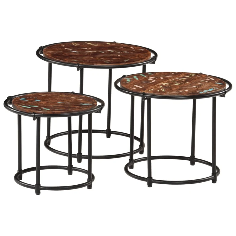Lot de 3 tables d'appoint gigognes en bois massif de récupération marron et fer DEC032709