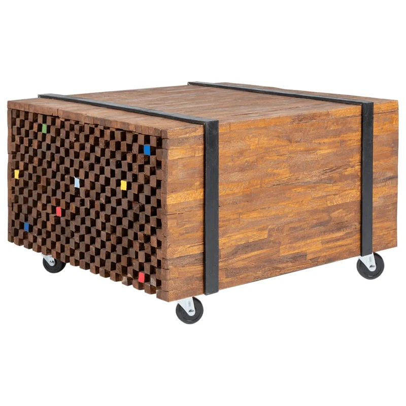 Table d'appoint table basse sur roulettes en teck marron et multicolor 60 x 60 x 38 cm DEC032435