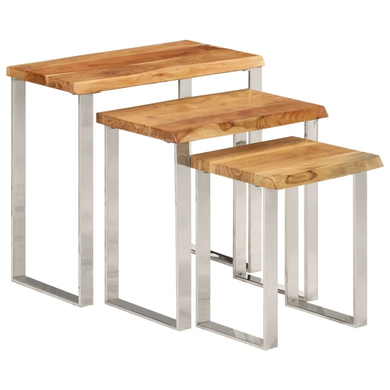 Lot de 3 tables d'appoint gigognes en bois massif d'acacia et acier DEC032693