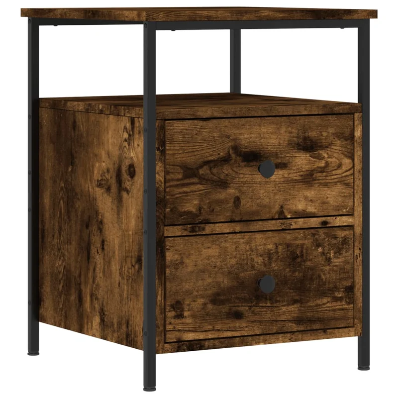 Table de chevet avec deux tiroirs et étagère 44 x 45 x 60 cm bois d'ingénierie marron et fer DEC033651