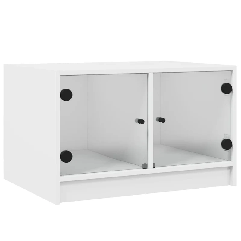Table basse de salon design moderne avec portes vitrée 68 x 50 x 42 cm bois d'ingénierie blanc et verre DEC037724