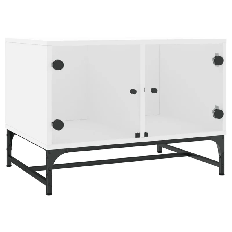 Table basse de salon design moderne avec portes vitrée 68,5 x 50 x 50 cm bois d'ingénierie blanc verre et acier DEC037723