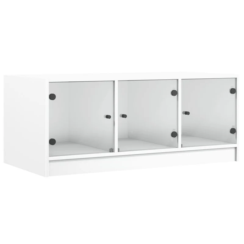 Table basse de salon design moderne avec portes vitrée 102 x 50 x 42 cm bois d'ingénierie blanc et verre DEC037722